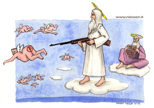 Cartoon: La caccia agli angeli (medium) by Niessen tagged god,angel,gun,heaven,gott,engel,himmel,gewehr