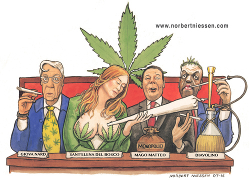 Cartoon: Legalize (medium) by Niessen tagged marihuana,giovannardi,maria,elena,boschi,matteo,renzi,angelino,alfano,canna,fumare,drogarsi,parlamento