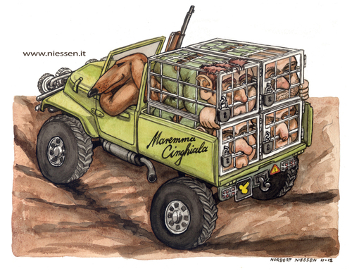 Cartoon: Maremma Cinghiala (medium) by Niessen tagged hunter,dog,cramped,evil,cage,offroad