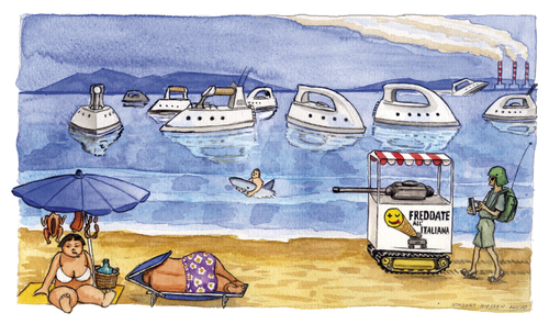 Cartoon: Puntala Beach (medium) by Niessen tagged seaside,boats,summer,iron,beach,puntala,italy