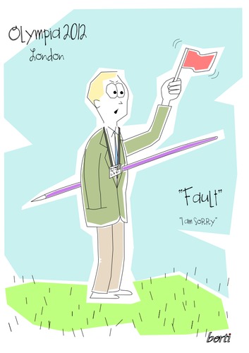 Cartoon: Fault (medium) by berti tagged referee,javelin,schiedsrichter,speerwerfen,london,2012,olympia,linesman,inkscape