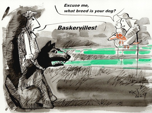Cartoon: Acquaintance during an evening (medium) by Kestutis tagged evening,kestutis,lithuania,sherlock,holmes,walk,dog