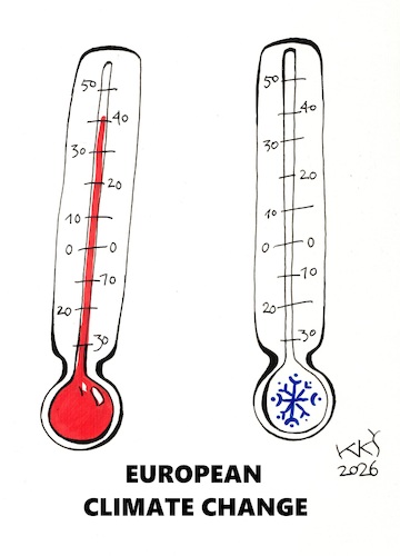 Cartoon: CLIMATE NEWS (medium) by Kestutis tagged europe,climate,change,meteorology,snow,cold,kestutis,lithuania,winter,temperature,news