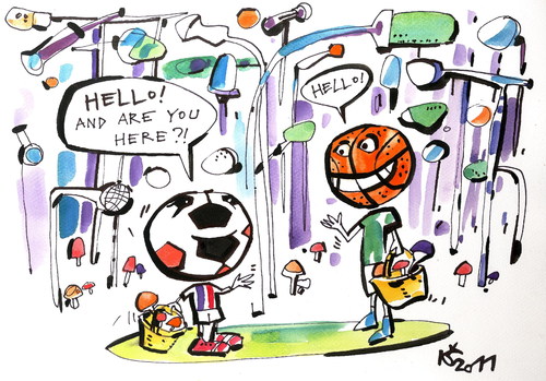 Cartoon: FOOTBALL and BASKETBALL (medium) by Kestutis tagged journalists,reporters,commentators,sports,fußball,forest,soccer,mushrooms,basketball,football
