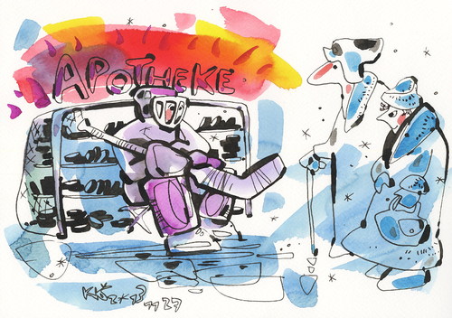Cartoon: Goalkeeper Apotheke (medium) by Kestutis tagged kestutis,2014,sochi,ice,hockey,fans,goal,puck,olympic,sports,winter,lithuania