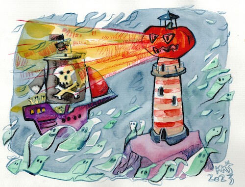 Cartoon: Halloween. Stormy night (medium) by Kestutis tagged halloween,storm,kestutis,lithuania,sailing,ship,pirate,pumpkin,lighthouse,night,ghost