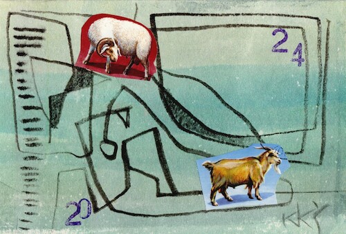 Cartoon: Lost in abstraction 1 (medium) by Kestutis tagged dada,kestutis,lithuania,postcard,ram,goat,art,kunst,abstraction,lost