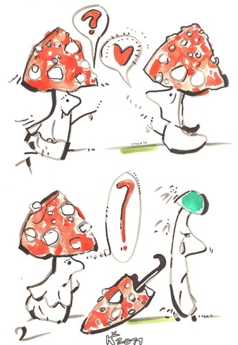Cartoon: LOVE STORY (medium) by Kestutis tagged love,umbrella,mushrooms,pilz,fliegenpilz,forest,wald,sexuality,accident,incident