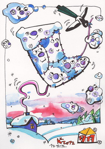 Cartoon: Magpie sews Christmas stockings (medium) by Kestutis tagged winter,bird,nature,santa,claus,kestutis,snow,magpie,christmas,stockings,clouds,weihnachten
