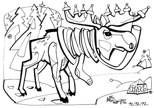 Cartoon: Moose looking for Santa Claus (medium) by Kestutis tagged adventure,nature,animal,lithuania,kestutis,christmas,winter,elch,moose,claus,santa,weihnachten