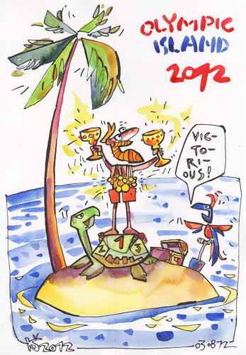 Cartoon: OLYMPIC ISLAND. Award winners (medium) by Kestutis tagged turtle,lithuania,siaulytis,kestutis,summer,2012,london,cup,medal,parrot,treasure,palm,ocean,pirate,gold,champion,winners,award