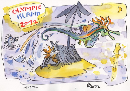 Cartoon: OLYMPIC ISLAND. Steeplechase (medium) by Kestutis tagged lithuania,month,sport,seahorse,seepferdchen,siaulytis,kestutis,summer,desert,island,2012,ocean,olympics,london,horse,steeplechase