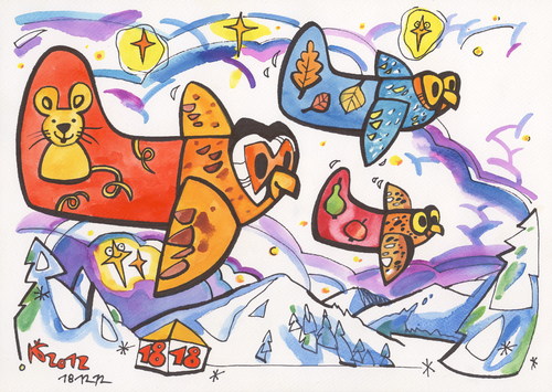 Cartoon: Owls flying to Santa Claus (medium) by Kestutis tagged nacht,night,stars,maus,kestutis,weihnachten,christmas,winter,bird,nature,claus,santa,owl
