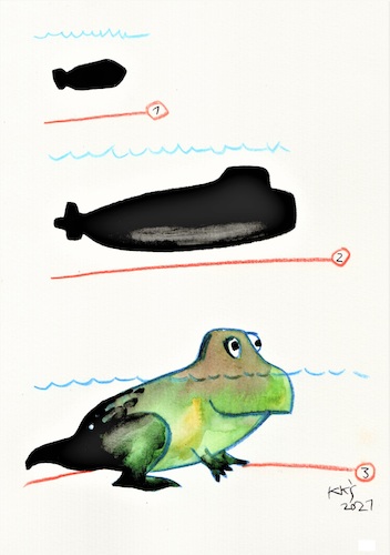 Cartoon: Submarine Metamorphosis (medium) by Kestutis tagged submarine,metamorphosis,kestutis,lithuania,frog,nature,ocean