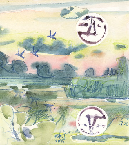 Cartoon: Terns and the moon over the pond (medium) by Kestutis tagged dada,watercolor,moon,kestutis,lithuania,the
