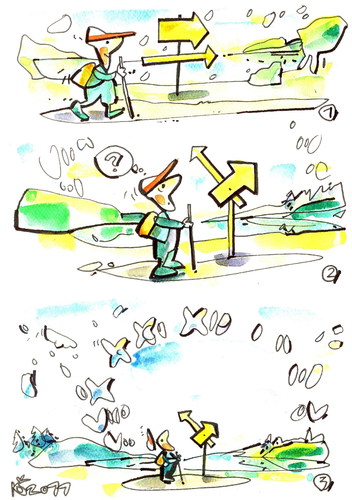Cartoon: TRAVELER (medium) by Kestutis tagged traveler,landscape,summer,saturday,clouds,lakes,arrow,clock,happening,adventure,time
