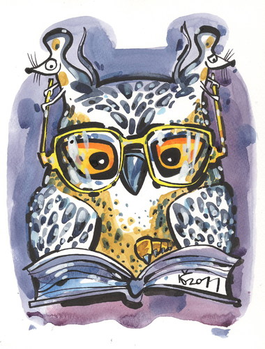 Cartoon: WISDOM AND COOPERATION (medium) by Kestutis tagged happy,new,year,wisdom,cooperation,brille,buch,eule,book,glasses,optician,owl,weisheit,zusammenarbeit