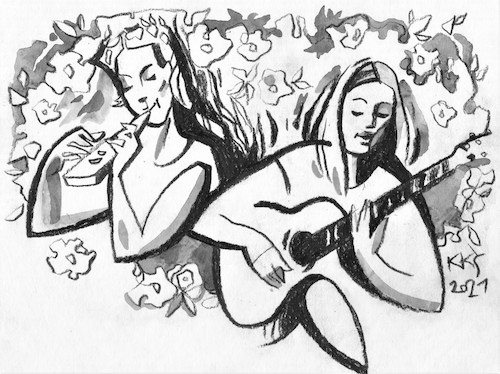 Cartoon: Actresses Saule and Greta (medium) by Kestutis tagged actresses,theater,music,guitar,kestutis,lithuania