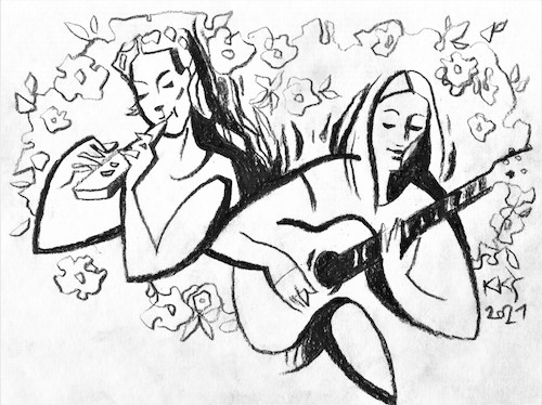 Cartoon: Actresses Saule and Greta (medium) by Kestutis tagged actresses,theater,music,guitar,kestutis,lithuania