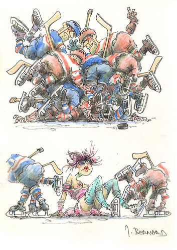Cartoon: ohne Titel (medium) by jiribernard tagged offensive,ansturm,angriff,attacke,hartemänner,eiskunstläuferin,spielunterbrechung,kampf,rauferei,eishockey