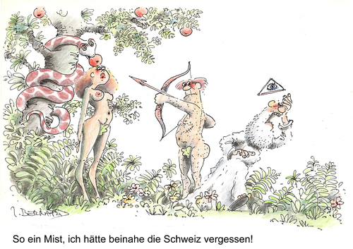 Cartoon: ohne Titel (medium) by jiribernard tagged erinnerung,vergeßlichkeit,schlange,sünde,apfelschuß,tell,wilhelm,schweiz,gott,schöpfer,eva,und,adam,eden,paradies,erschaffung,schöpfung,schöpfung,erschaffung,paradies,adam,eden,eva,schöpfer,gott,schweiz,sünde,schlange,bibel,religion,garten eden,garten