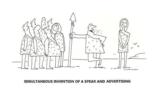 Cartoon: advertising and stuff (medium) by ouzounian tagged advertising,spears,inventions,cave,men