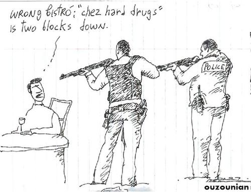 Cartoon: wrong address (medium) by ouzounian tagged crime,raid,police,bistros