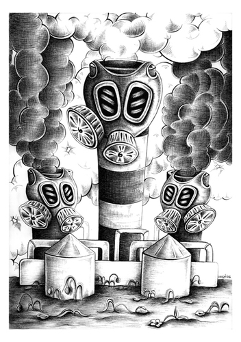 Cartoon: Chimneys and masks (medium) by dragas tagged dragas,pancevo,serbia,nature,ecological,destruction