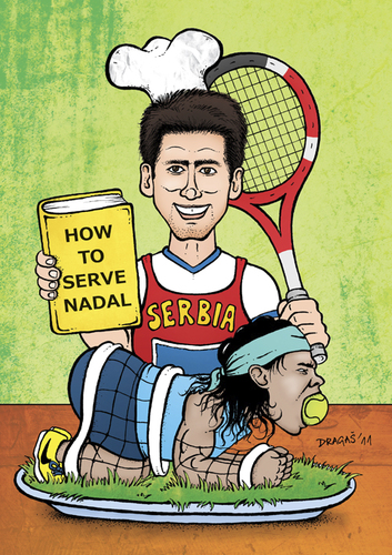 Cartoon: DJOKOVIC - HOW TO SERVE NADAL (medium) by dragas tagged cook,spain,nadal,rafael,dragas,pancevo,serbia,novak,djokovic,cup,sport,grass,tennis