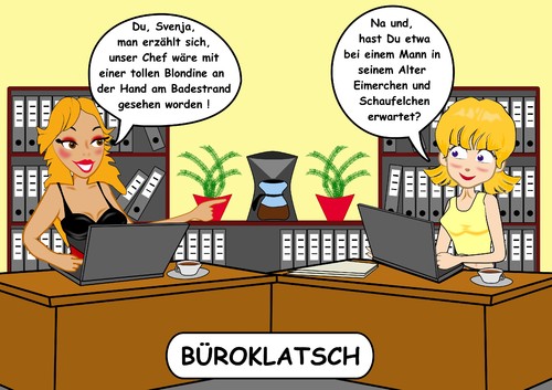 Cartoon: Büroklatsch (medium) by RiwiToons tagged büro,büroklatsch,chef,strandbad,sandspielzeug,eimer,schaufel,blondine