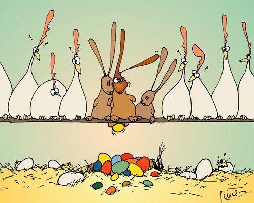 Cartoon: Frohe Ostern! (medium) by Pierre tagged hühnerstall,hühner,miesmuschel,muschel,osterhase,ostereier,ostern