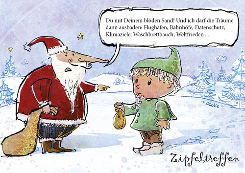 Cartoon: Zipfeltreffen (medium) by Stolle tagged nsa,stuttgart21,flughafen,berliner,datensicherheit,klimaschutz,waschbrettbauch,weltfrieden,ber,träume,sandmann,wünsche,geschenke,weihnachtsmann,weihnachten