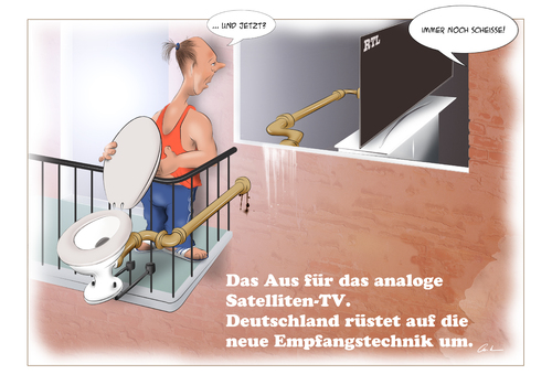 Cartoon: Deutschland rüstet um (medium) by KryCha tagged schüssel,satelliten,anlage,assi,digital,tv,sat