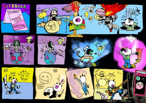 Cartoon: SUPEROCK 3 (medium) by pax tagged nirvana,rock,kiss,zeppelin,stones,beatles,music