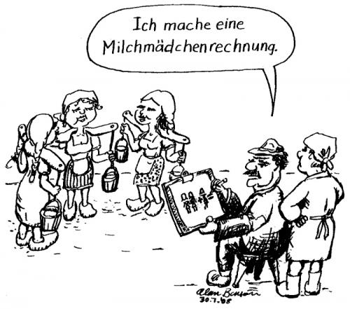 Cartoon: Milchmädchenrechnung (medium) by Alan tagged milchmädchenrechnung,milchmädchen,bauer,rechnen,mathematik