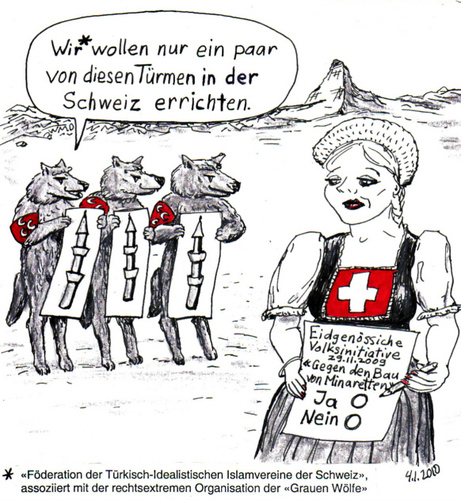 Cartoon: Minarettenverbot (medium) by Alan tagged minarette,türme,graue,wölfe,schweiz,volksinitiative,islamistische,vereinigung,schweizerin,phallus