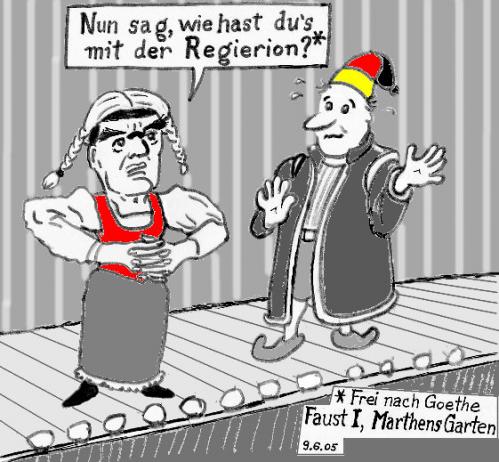 Cartoon: Schröder stellt Gretchenfrage (medium) by Alan tagged schröder,gretchenfrage,faust,goethe,wahl,regieren,bühne,