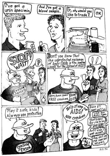 Cartoon: Stop AIDS (medium) by Alan tagged condom,person,stop,aids,body,fluids,urin,blood,protection