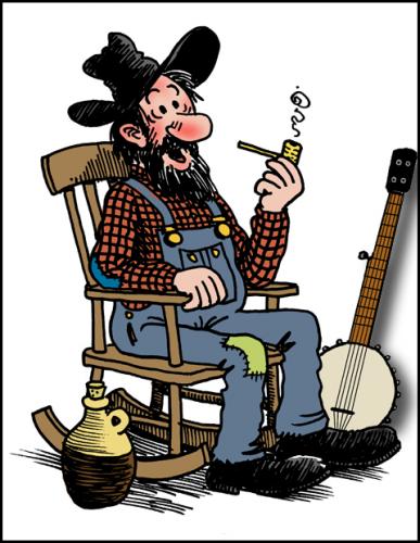 Cartoon: Cousin Gus (medium) by deleuran tagged hillbilly,banjo,rocking,chair,country,old,time,american,folk,music,moonshine,whiskey
