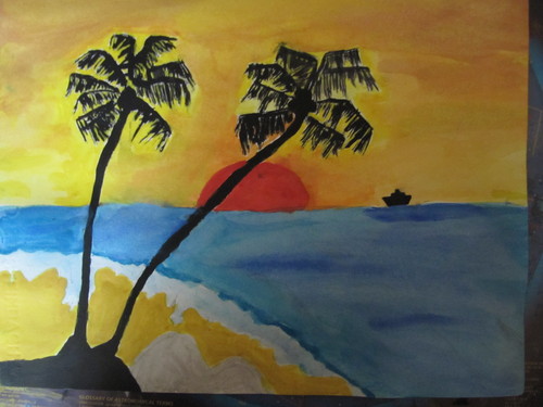 Cartoon: un jour a la plage (medium) by lauraformikainthesky tagged palmiers,plage,coucher,de,soleil