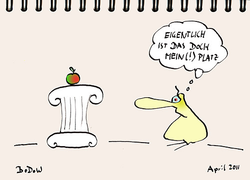 Cartoon: ENT-THRONT (medium) by BoDoW tagged oben,unten,natur,zweiter,säule,apfel,entthront,untertan,welt,die,dir,mache,und,hin,gehe,schöpfung,der,krone,thron,leben,stellung,hybris