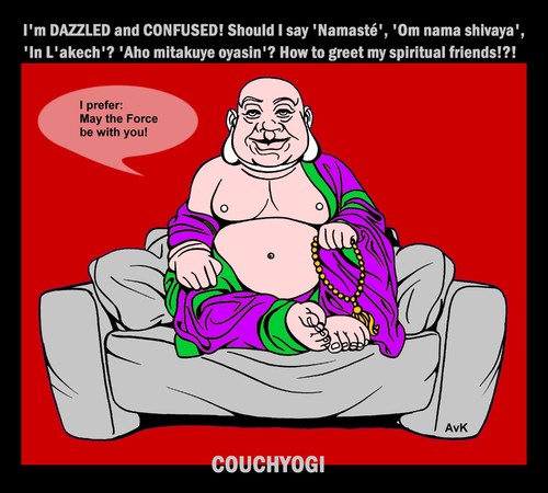 Cartoon: CouchYogi Dazzled and Confused! (medium) by MoArt Rotterdam tagged couchyogi,couchtalk,spiritualadvice,maytheforcebewithyou,dazzledandconfused,namaste,omnamashivaya,spiritualbrother,spiritualsister,prefer