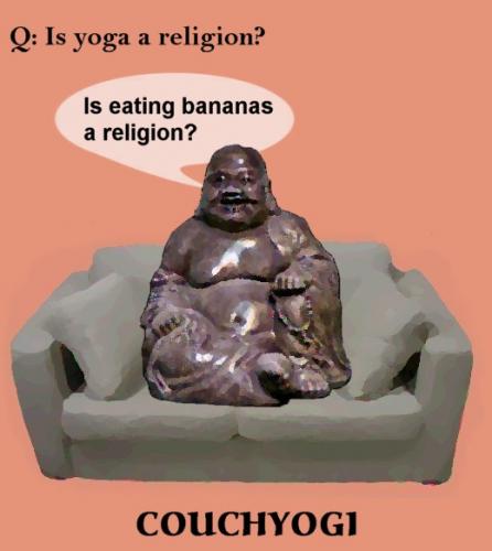 Cartoon: CouchYogi Is yoga a religion? (medium) by MoArt Rotterdam tagged couchyogi,yoga,religion,bananas,eating,yogatoons,yogahumor,yogaphilosophy