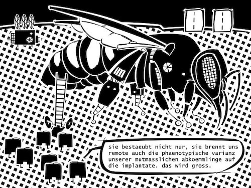 Cartoon: Bienenrettung (medium) by bob schroeder tagged bienenrettung,rettet,bienen,drohne,ki,ai,bestäubung,implantate