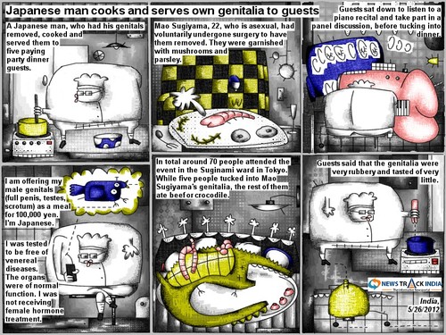 Cartoon: genitalia dinner (medium) by bob schroeder tagged cook,genitalia,dinner,guest,genital,party,surgery,mushroom,parsley,meal,organ,event,beef,crocodile,taste