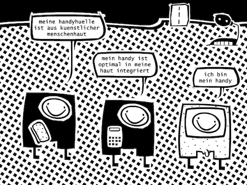 Cartoon: Handyhülle (medium) by bob schroeder tagged handy,hülle,haut,mensch,menschenhaut,menschlich,steuerung,implantat,cyborg