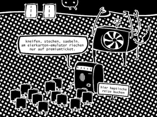 Cartoon: Haptik (medium) by bob schroeder tagged haptik,digitalisierung,robozän,mensch,sinn,wahrnehmung,entkörperung,emulator,eierkartons