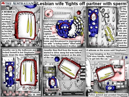 Cartoon: Lesbian wife fights off partner (medium) by bob schroeder tagged comic,webcomic,lesbian,marriage,sperm,turkey,baster,semen,syringe,catheder,suv,police