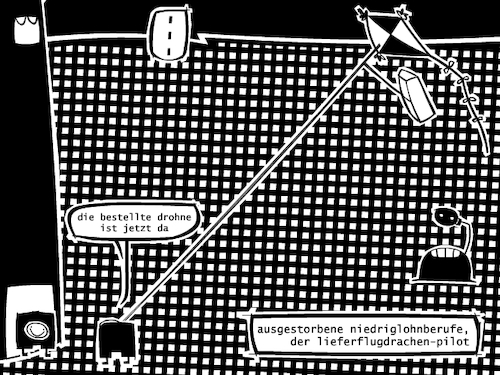Cartoon: Niedriglohn (medium) by bob schroeder tagged drohne,lieferung,bestellung,pilot,beruf,job,niedriglohn,digitalisierung,rationalisierung,mindestlohn