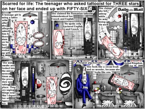 Cartoon: Scarred for life (medium) by bob schroeder tagged comic,webcomic,teenage,girl,tattoo,artist,stars,romanian,tattooist,french,english,miror,doped,hypnotised,belgian,psychologist,circus,freak